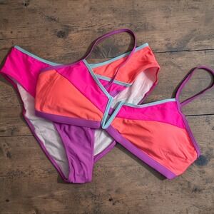 Popvil Womens V-Wire Color Block Bikini Set Multicolor Bright Colorful XXL NWT